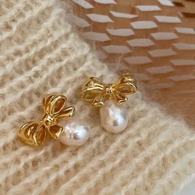 China CLASSIC Gold Bow Earrings For Women 925 Sterling Silver Pearl Dangle Earrings Cute Bow-knot Stud Earring For Girls for sale