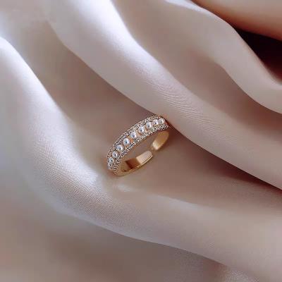 China Classic 14K Gold Plated Zircon Open Band Ring With Pearl For Women for sale