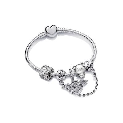 China Punk 925 DIY Angel Wings Dangle Charm Pave CZ Flying Pig Heart Bead Safety Chain Sterling Silver Pet Angel Bracelet for Women for sale