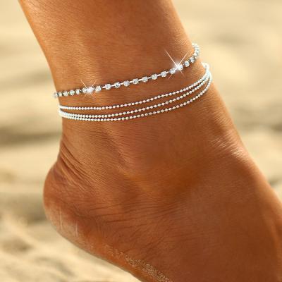 China BOHEMIA 925 Sterling Silver Boho Layered Crystal Anklets Silver Rhinestone Anklets Beach Foot Chain Jewelry for Women and Girls for sale