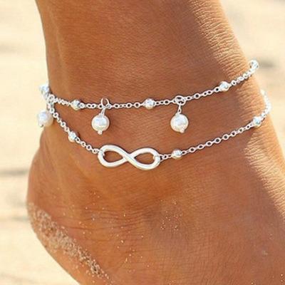 China BOHEMIA Double Silver Beaded Anklet Ankle Chain Bead Infinity Chain Foot Bohemian Foot Jewelry For Women Girls for sale