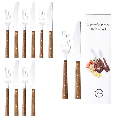 China 12 Pcs Steak Set Sustainable Wood Grain Pattern Plastic Handle Design Restaurant Used Stainless Steel Knife and Fork Set for sale