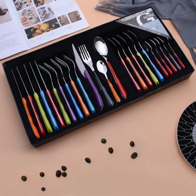 China Viable Christmas Gift Set Hadnle Design Steak Knife Fork Spoon 24pcs Colorful Plastic Cutlery Set For Party for sale