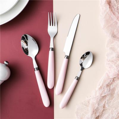 China Sustainable Hot Sale Customize Dessert Spoons And Forks Handle Pink Plastic Cutlery Set Stainless Steel Spoon And Fork for sale