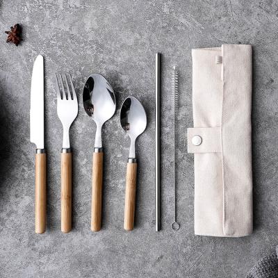 China 6 Pcs Reusable Eco-friendly Bamboo Handle Design Nature Travel Sustainable Camping Flatware Portable Cutlery Set With Bag Package for sale