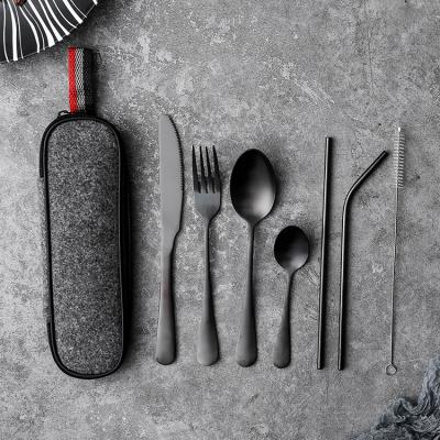 China Reusable Black Portable Stainless Steel Travel Camping Cutlery Knife Fork Spoon Brush PVD Straw Flatware Set Viable 7 Pcs With Case for sale