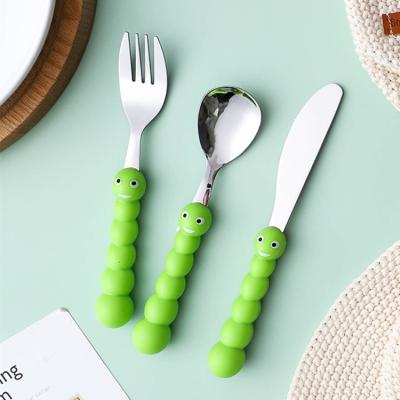 China Sustainable Creative Design Green Plastic Insect Shaped Handle Restaurant Home Used 3 Pcs Stainless Steel Children Flatware Set Kid Flatware for sale