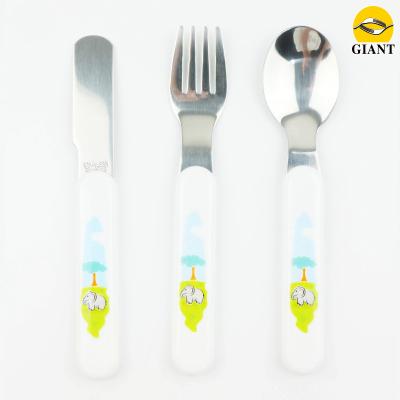 China Viable Jieyang supplies custom plastic handle design stainless cubiertos kid spoon fork set kids cutlery for sale