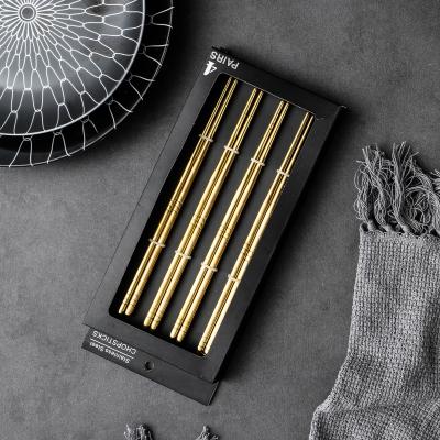 China 4 Pairs Luxury Viable Package Mirror Box Window Polished To Customize Gold Korean 304 Stainless Steel Chopsticks for sale