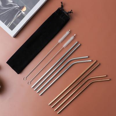 China Wholesale Reusable PVD Brush Reusable Straight Copper Portable Drinking Straws 2 Stainless Steel Metal Straw With Pouch for sale