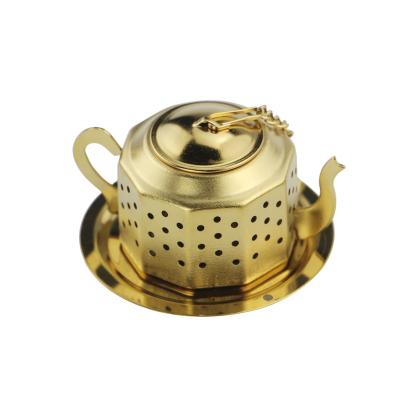 China Sustainable 304 Stainless Steel Loose Leaf Teapot Shaped Tea Ball Tea Strainer With Chain And Saucer for sale