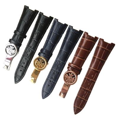 China Good Quality 25mm Real Leather Watch Strap Blue Leather Deployment Clasp Leather Watch Band For Nautilus Watch for sale