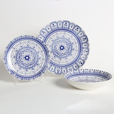 China Good Quality 18 Pcs Dishes Set Wholesale Ceramic Dinner Porcelain Dinnerware Set Good Quality Printing Pad Blue And White Sets for sale