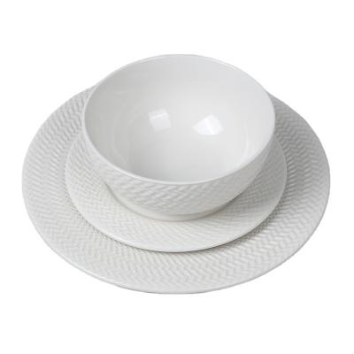 China Dinnerware Set Porcelain Dinnerware Set Homeware 12PCS Sustainable White Embossed Ceramic Dinner Set for sale