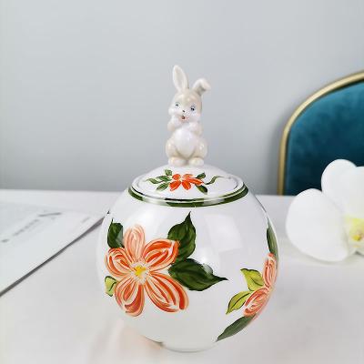 China Creative Classic Style Kitchen Vintage Design Ceramic Sugar Storage Jars With Rabbit Lid for sale