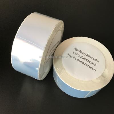 China Waterproof High Glossy Inkjet Silver Label Roll For VIP Colo Label Printer, Afinie L501, GP-C381, VP485 for sale