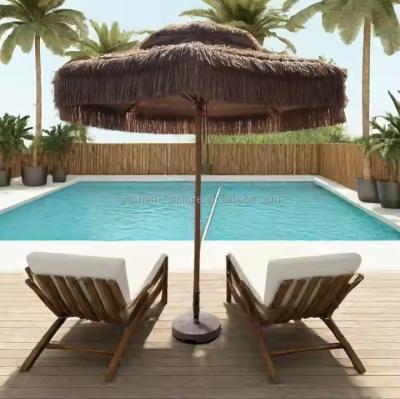 China 9 ft synthetic thatch beach umbrella 8 ribs plastic Thatched Tiki umbrella sand beach Straw Umbrella with fringe for sale