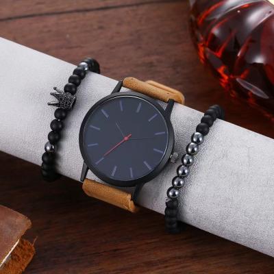 China 2 Pcs Hot Selling Fashion Men'S Watch Leather Quartz Watch Stainless Steel Men Bracelet Set Wristwatch For Sports for sale