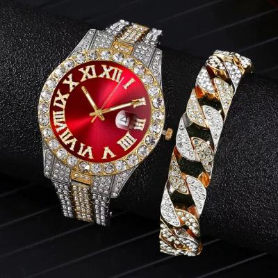 China 2 pcs Luxury Brand Iced Out Watch Men Bracelet Gold Full Diamond Men's Watches Quartz Hip Hop Diamond Male Wristwatch for sale