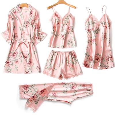 China QUICK DRY Women's Sexy Pajamas Five-piece Pajamas Sets Spring Summer Autumn Home With Chest Pad Slim Nightgown Style for sale