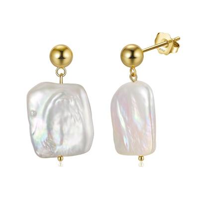 China 2021 NEW 925 18K Gold Thin Silver Plated Irregular Square Shape Natural Baroque Freshwater Pearl Casual/Sporty Pearl Stud Earrings For Women for sale