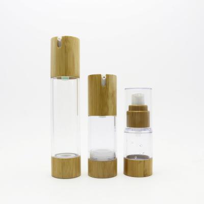 China Eco-friendly Design 15ml 30ml 50ml 100ml Airless Plastic Bamboo Airless Personal Care Lotion Pump Bottle for sale