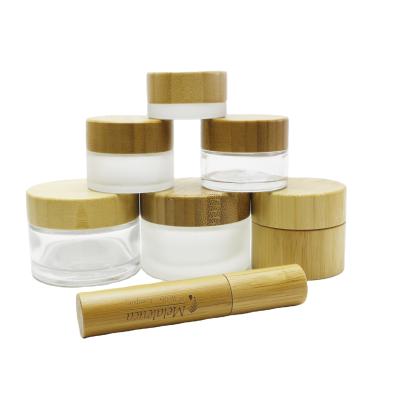 China Cosmetic in 4oz 5ml 10ml 15ml 30ml 50ml 100ml 120ml stock empty bamboo lid glass jar for cosmetic eye cream BP-A10 for sale