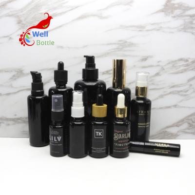 China Eco-friendly Cosmetic Bottle Black Glass Oil Roller Spray Glass Bottle With Dropper VJ-CC192 for sale