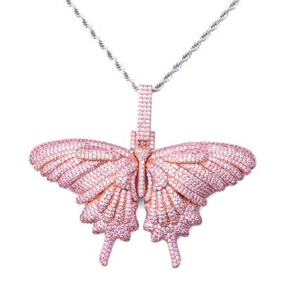 China Hiphop Jewelry Couples Hip Hop Butterfly Necklace Custom Copper Zircon 18k Gold Pendant Platinum Plated Necklace for sale