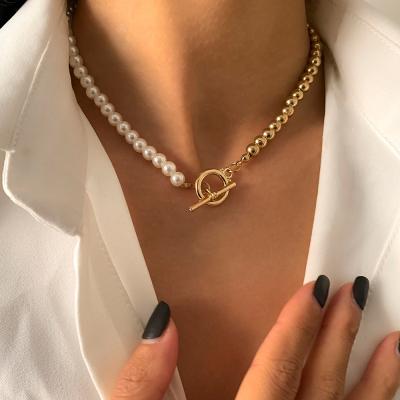 China TRENDY 18K Gold Plated Artificial Pearls Alloy OT Loop Chain Necklace CCB Artificial Pearl Beads Necklace for sale