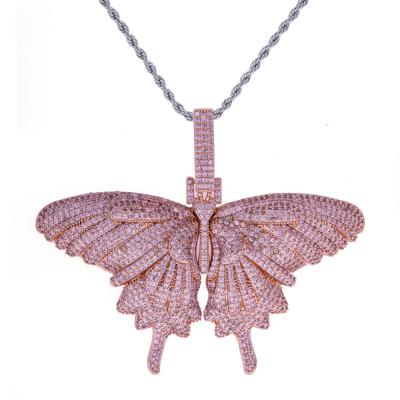 China Custom Hip Hop Couples Hip Hop Butterfly Necklace Zircon Diamond Pendant Gold Plated Tennis Necklace for sale