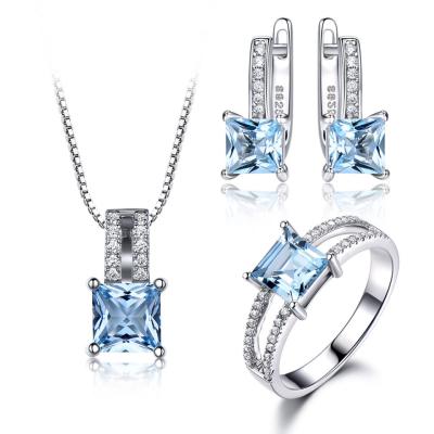 China FASHIONABLE Blue Zircon 925 Crystal Ring Earrings Pendant Silver Chain Necklace Delicate Jewelry Sets For Women for sale