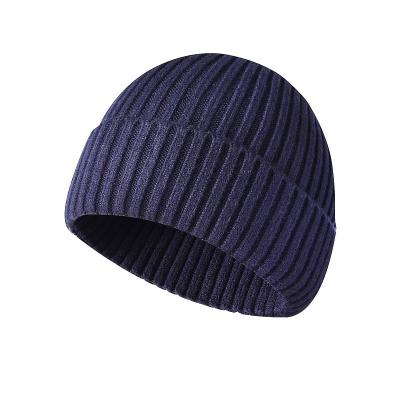 China Outdoor Korean Wool-acrylic Knitted Hats Autumn Winter Elastic Skullies Beanies Beanie Hat Men Women Navy Blue Solid Color Wholesale for sale