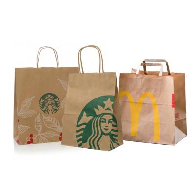 China Recyclable Recycled Custom Logo Printed Restaurant Food Takeaway Grocery Take Out Brown Kraft Paper Packaging Bag With Handles for sale