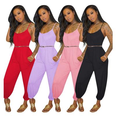 China Anti-wrinkle solid color fashionable spaghetti tie pockets radiate foot dungarees women summer casual loose overalls for sale