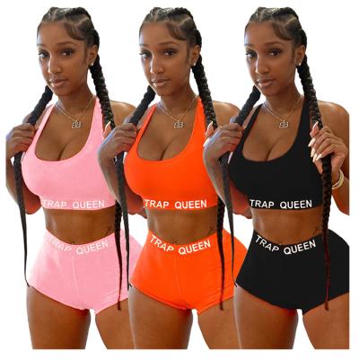 China Anti-pilling Solid Color Crop Tops And Shorts High Quality Letter Print Two Piece Set Women Clothing Sportswear Track 2 Piece Sets for sale