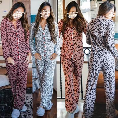 China Breathable Leopard Print Ladies Pajamas Set V Neck Long Sleeve Female Warm Sleepwear Coat Pants Set Plus Size Loungewear Pajamas for sale