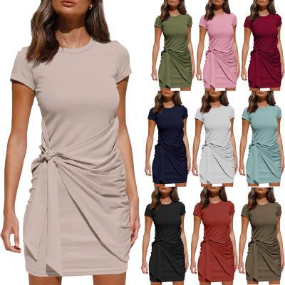 China 2021 QUICK DRY Hot Selling Short Irregular Designer Round Neck Sleeve Solid Color Wrap Belt Knot Short Mini Dress for sale