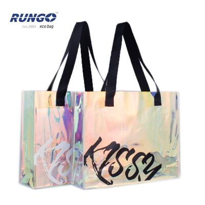 China Fashion Recyclable Custom Holographic Transparent PVC Tote Shopping Bag for sale