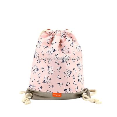 China Custom design cotton flower rose print drawstring bag low moq canvas drawstring bag for sale