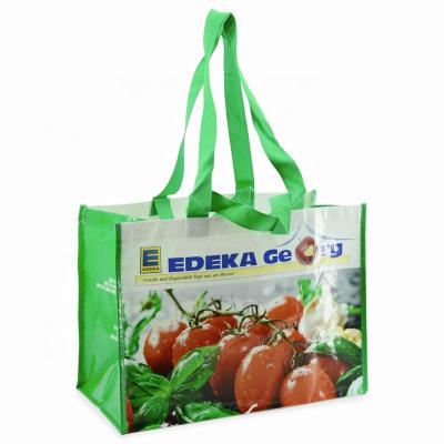 China Durable Recycled PET Stitch Bonded Laminated Supermarket Grocery Packaging RPET Shopping Bag Waterproof for sale