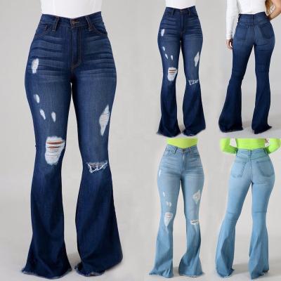 China QUICK DRY Elegant Straight Wide Leg Women's Bell Bottom Jeans Hole Denim Rocket Denim Elastic Skinny Ripped Classic Pants for sale