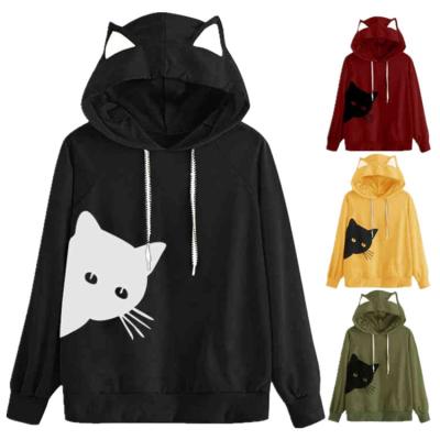 China 2021 Autumn New Main Print Long Sleeve QUICK DRY Cat Loose Hooded Sweater Hoodie For Women for sale