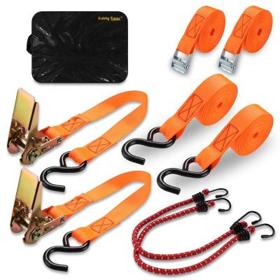 China Orange Retail Polyester 1inch 16ft Motocycle Tie Down Strap Belt Sets With Small Buckle Ratchet Tie Down for sale