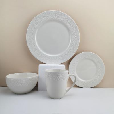 China Viable White Embossed Stoneware Dinner Set 16PCS Dinner Set for sale