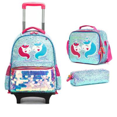 China With M&d Wholesale Cute Sequin Lunch Bag Girls Backpack Kids 3 Pcs Sets Kids Bookbags Mochila Infantil Unicorn Trolley School Bags for sale