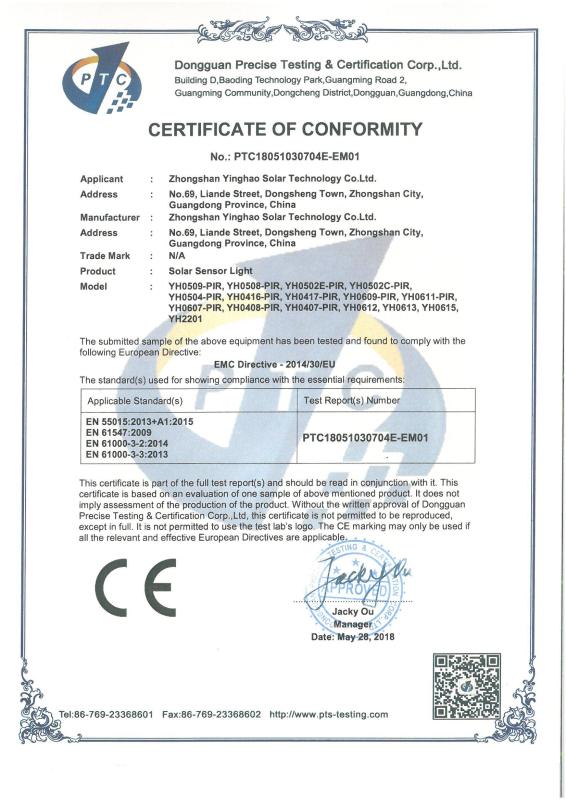 CE - Zhongshan Yinghao Solar Technology Co., Ltd.