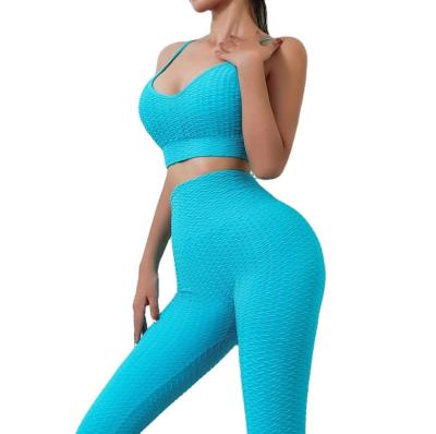 China 2021 New Women Gym Yoga Set Bubble Rib Fabric Adjustable Straps Fitness Training Sportswear 2Pcs Reversible Crop Top Gaiters for sale