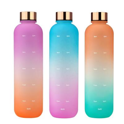 China Viable In Stock 1l Leak Proof Tritan Bpa Free Sports Motivational Plastic Water Bottle With Time Marker for sale