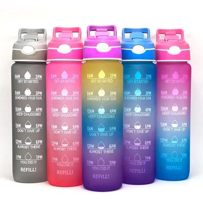 China Viable Leakproof Tritran Bpa 1L / 32 Ounce Free Gradient Plastic Bottle With Time Marker Motivational Water Bottle With Custom Logo for sale